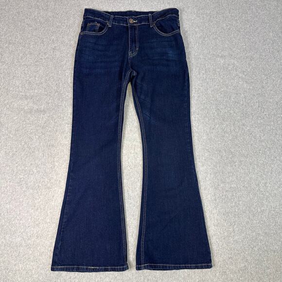 Bootcut Jeans Dark Wash Blue Womens L Mid Rise Stretch Denim 5-Pocket Slim Fit - Picture 1 of 10